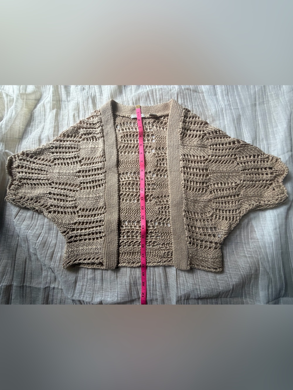 Halogen Beige Open-Knit Cropped Cardigan Shrug Size S/ M Boho Coastal Cotton - Picture 8 of 8